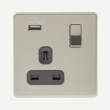 D-S131USB-BC 1 Gang Switched Socket With 2.1A USB Port Grey Insert Brushed Chrome